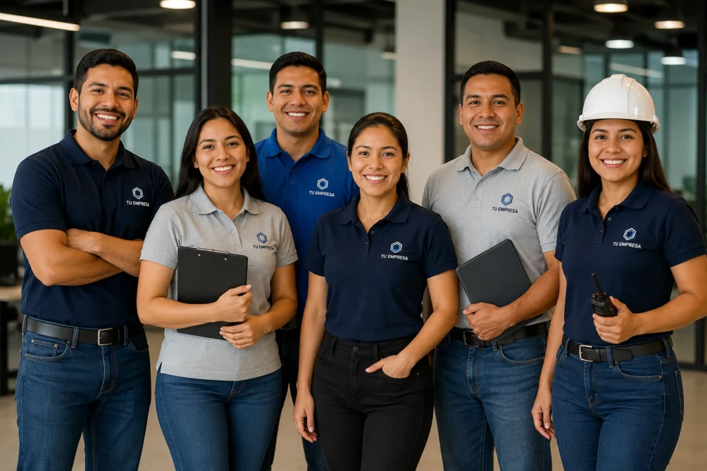 Equipo de trabajo utilizando polos corporativos personalizados