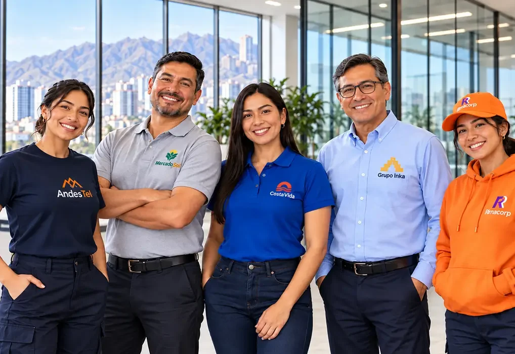 Equipo de cuatro trabajadores con polos y uniformes corporativos en un taller de confección