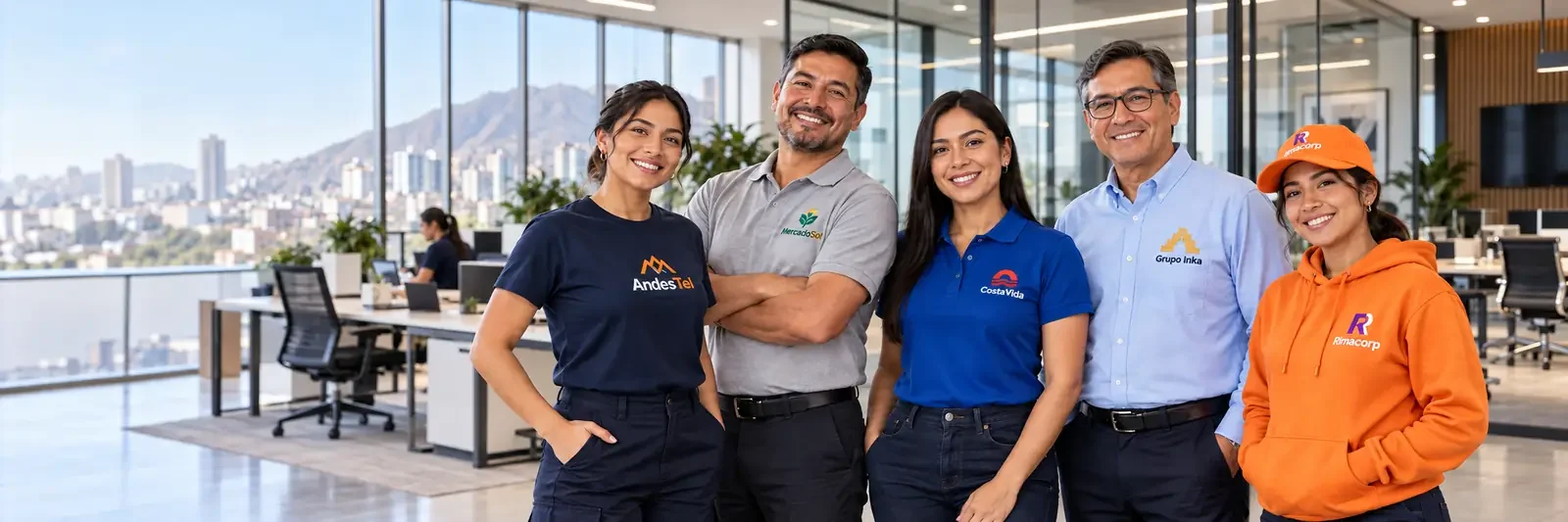 Equipo con polos y uniformes corporativos Equipo de cuatro trabajadores con polos y uniformes corporativos en un taller de confección