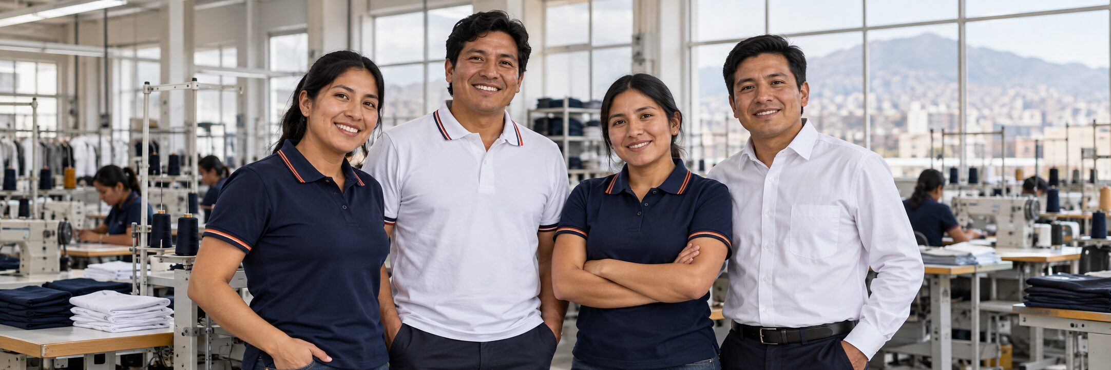 Equipo con polos y uniformes corporativos Equipo de cuatro trabajadores con polos y uniformes corporativos en un taller de confección