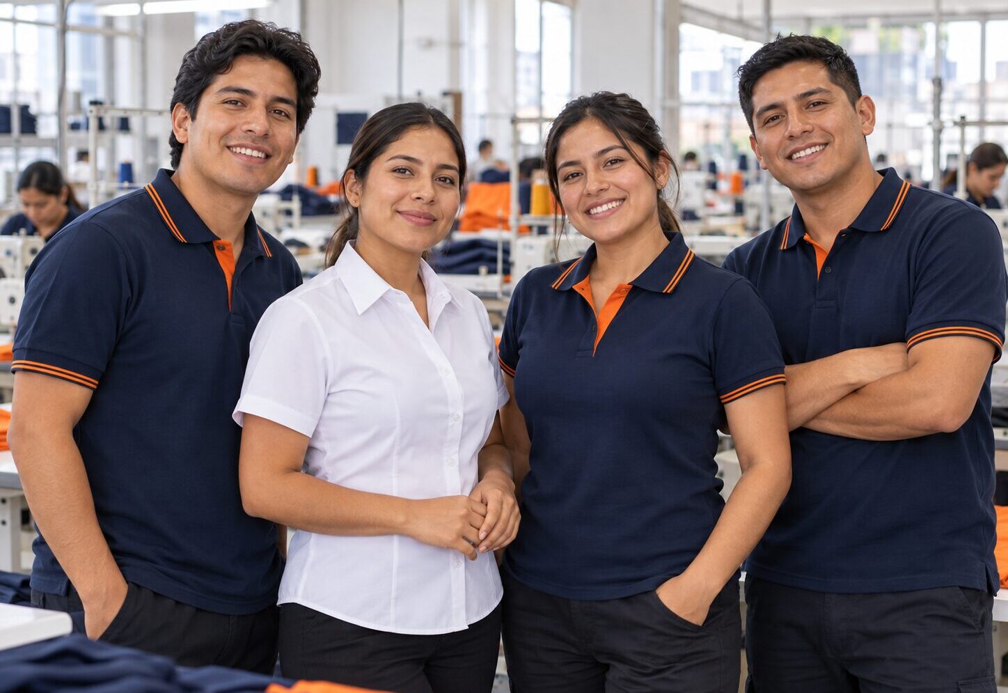 Equipo con polos y uniformes corporativos Equipo de cuatro trabajadores con polos y uniformes corporativos en un taller de confección